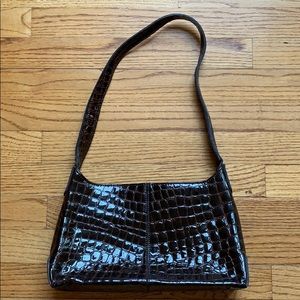 Brown Patent Leather Crocodile Shoulder Bag
